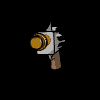 Animated sequence of a cartoon-style pistol with metallic silver body, brown handle, and golden barrel, shown from multiple angles against black background.