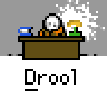 Animated contact sheet of a cartoon character in orange jumpsuit with drooling animation across 12 frames showing desk, lamp, and text "Drool" below each frame.