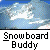 Pixelated animation of a character snowboarding across a snowy mountain landscape with clouded sky.