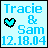Pixelated light blue square icon with cyan text displaying "Tracie & Sam 12.18.04" and a cyan heart symbol.