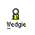 Pixel art of two stick figures with white heads and yellow/turquoise bodies, arranged in various groupings beneath the text "Wedgie" on a gray background.