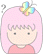 Pixelated character with pink hair and a rainbow butterfly accessory, wearing a red top against gray background.