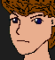 Pixelated cartoon character with brown hair and blue eyes performs sequential hand gestures near face against dark background.