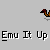 Pixelated brown bird with red head and gray legs walks left to right across light gray background, repeating text "Emu It Up" below.