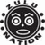 Black and white pixelated circular icon with large spiral eyes, a small nose, an open mouth, spiky crown-like top elements, and scattered square pixels around the perimeter.
