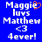 Blue background with white pixelated text reading "Maggie luvs Matthew <3 4ever!" and an orange heart symbol replacing the 'i' in Maggie.