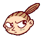 Pixelated cartoon head with blonde ponytail, brown eyes, and light skin showing two expressions: neutral on left, slightly angry on right.