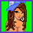 Pixelated image of a woman with long brown hair wearing a blue cap, white top, and hoop earrings against green background.