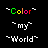 A contact sheet of 7 animated frames showing a pixelated text-based icon with rainbow-colored 'Color' text, white 'my' and 'World' text on black background, arranged in a 3x3 grid with one frame partially cropped at bottom-right.