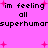 Pixelated text on a bright pink background with scattered pink plus signs, repeating 'im feeling all superhumarsuperhumar' in black block letters.