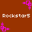 Brown background with white text "Rockstar5" and pink square-based pixel art icons in four corners.