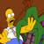 Pixelated cartoon character with yellow skin, white shirt, blue pants, and black mustache waving left hand against brown background.