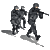 Animated sequence of three soldiers in dark tactical gear running left to right across a gray background, each holding rifles.