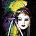 Four pixelated figures in masks and colorful hats with 'Mardi Gras 2000' text below, arranged in a on dark background