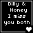 Black background with white pixelated text reading "Dilly & Honey I miss you both" and a heart symbol changing from white to gray in four
