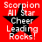 Red background with black star and white text reading "Scorpion All Star Cheer Leading Rocks!" in four identical