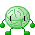 Six pixel-art frames of a green brain-shaped character with black eyes and red mouth accents, arranged in a 3x2 contact sheet on gray background.