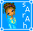 Pixel art buddy icon featuring a stylized female character with colorful hair and blue dress against a solid blue background, framed by white border elements.