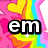 Pixelated icon with pink background, yellow hearts, and rainbow zigzag lines; black text 'em' in center.