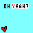Pixelated icon set with repeated 'OH YEAH?' and 'YOUR FACE.' text above animated heart sequences on light blue background.