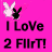 Pixelated pink background with black and white bunny icons and text reading "I LoVe 2 FlIrT!" in black block letters.