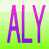 Pixelated text 'ALY ALY' in gradient purple-pink letters on green horizontal stripes, with visible pixelation and color blending.