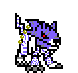 Pixel art buddy icon showing a blue and white robotic wolf-like creature in two animation frames with red eyes, yellow accents, and open mouth revealing teeth.