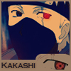 Anime-style character face with one eye covered by dark mask, red eye visible, blue headband, and 'KAKASHI' text below.