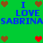 Green background with blue text reading "I LOVE SABRINA" and pixelated brown/red hearts in a pattern