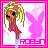 Pixelated icon of a character with long brown hair, green and yellow streaked hair, blue eye visible, pink flower in hair, wearing pink top and light purple pants, standing next to large pink rabbit silhouette.