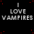 Black background with red dots, white text 'LOVE' above 'VAMPIRES' repeated in a pattern, and a gray rectangle in the bottom-right corner