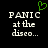 Pixelated text 'PANIC at the disco...' with a green heart symbol above left text on black background.