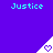 Purple background with cyan 'Justice' text and white triangular icons containing purple hearts.