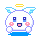 Pixel art angel icon with four distinct expressions, each featuring a yellow halo and blue wings on a gray background.
