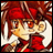 Pixelated anime-style character with red hair and a red cap, wearing a red outfit against a black background with white text.
