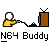 Pixel art icon shows a yellow-shirted figure holding a white ball connected by a black cord to a brown television with blue screen and antenna, below text reading 'N64 Buddy' on gray background.