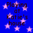 Blue background with pink stars and repeated text "Playing at Katie's house" in dark brown pixelated font.