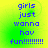 Blue pixelated text on a green-yellow gradient background reads 'girls just wanna hav fun!!!!!!!!' in four identical arranged in a