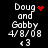 Pixelated text displays 'Doug and Gabby 4/8/08 <3' with red heart or starburst symbols changing across frames on a black background.