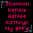 Pixelated text list of names and phrases in pink on black background with white star and dot accents.
