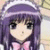 Pixelated anime-style character with long purple hair, large black eyes, and a pink bow at the neck against a light background.