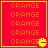 Red square with yellow border containing repeated orange 'ORANGE' text and yellow Pac-Man icon at bottom right corner.