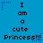 Blue background with pixelated text repeating "I am a cute Princess!!!" in three , surrounded by small blue star shapes