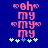 Pixelated pink text "oh my" repeated vertically with heart symbols and light blue plus signs on a solid dark blue background.