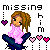 Pixel art contact sheet showing two animated frames of a sad cartoon girl with brown hair, pink top, and blue pants surrounded by hearts and text reading "missing him" in black and pink.