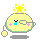 Pixelated yellow spherical character with closed eyes, blue tears, pink blush marks, and a green outline. A star-shaped crown alternates between four-pointed (top-left) and five-pointed (top-right) configurations across frames.