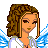 Pixel art angel icon with brown curly hair, blue wings, white robe, yellow halo, and purple text "ANGEL" on a transparent background.