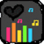Pixelated icon with dark gray circular background featuring black heart and colored musical notes above multicolored vertical bars, adjacent to yellow and pink text with blue text