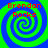 Four identical spiral patterns with blue and green swirls, each containing red text reading "Brendan Rocks" in pixelated font.