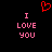 Red pixelated heart above pink text 'I LOVE YOU' repeated twice on black background.